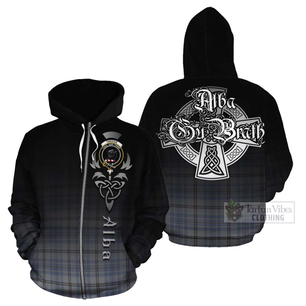 Tartan Vibes Clothing Tweedie Tartan Cotton Hoodie Featuring Alba Gu Brath Family Crest Celtic Inspired