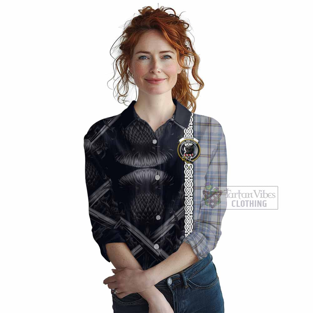 Tartan Vibes Clothing Tweedie Tartan Women's Casual Shirt with Family Crest Cross Sword Thistle Celtic Vibes