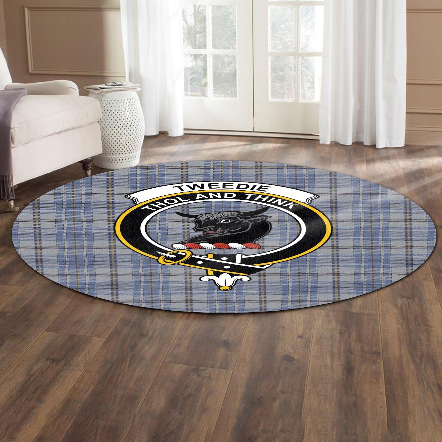 tweedie-tartan-round-rug-with-family-crest