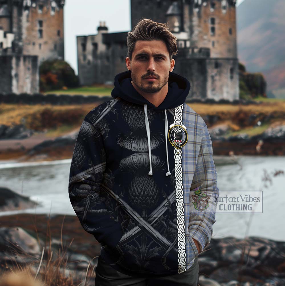 Tartan Vibes Clothing Tweedie Tartan Cotton Hoodie with Family Crest Cross Sword Thistle Celtic Vibes