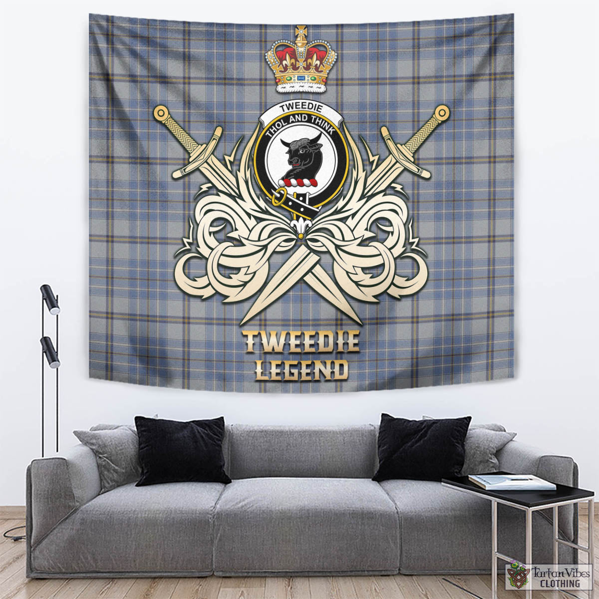 Tartan Vibes Clothing Tweedie Tartan Tapestry with Clan Crest and the Golden Sword of Courageous Legacy