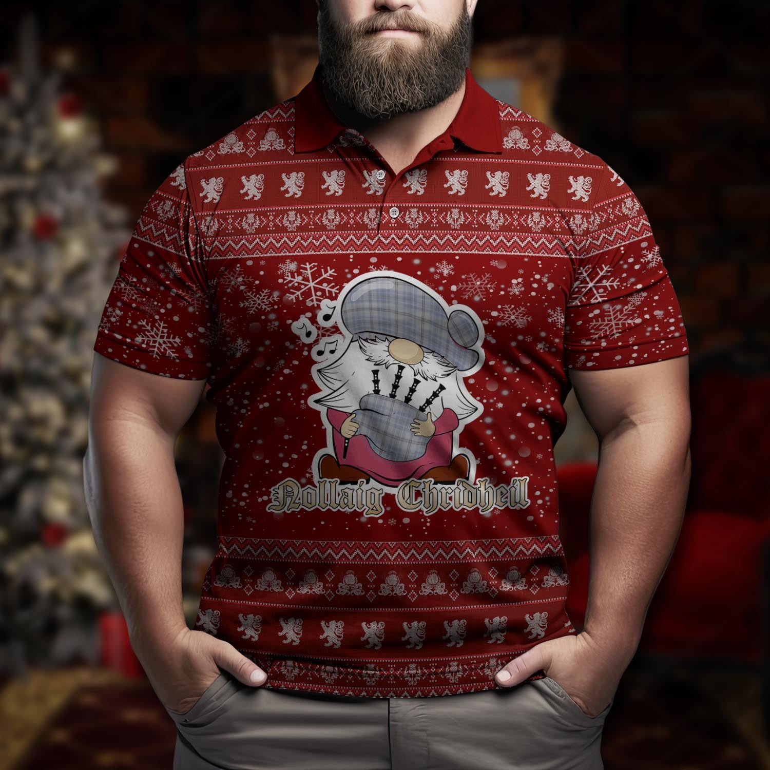 Tweedie Clan Christmas Family Polo Shirt with Funny Gnome Playing Bagpipes Men's Polo Shirt Red - Tartanvibesclothing