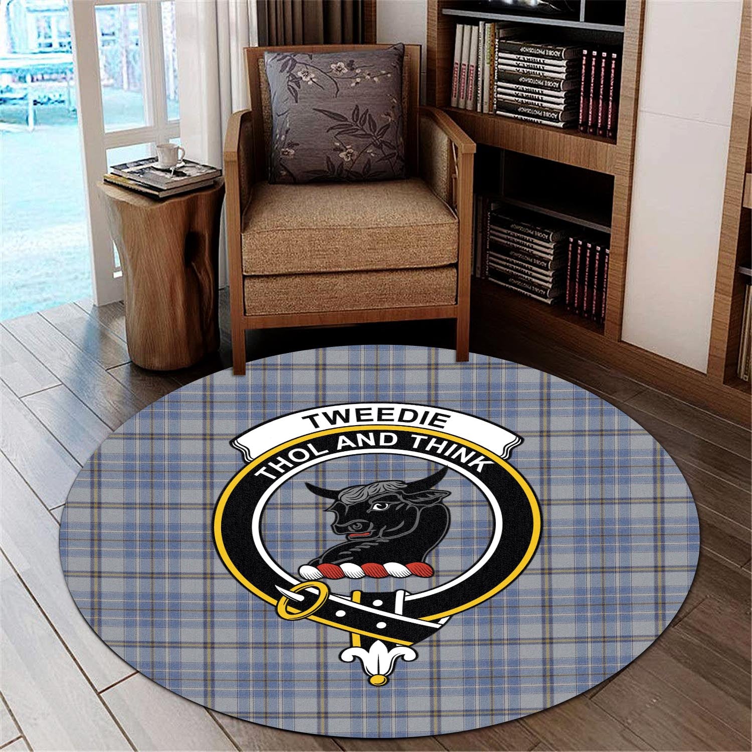 tweedie-tartan-round-rug-with-family-crest