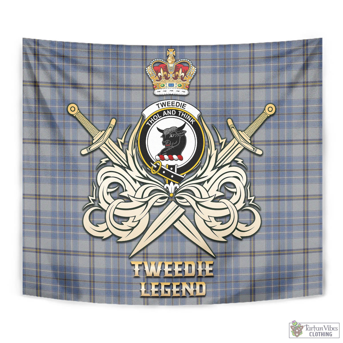 Tartan Vibes Clothing Tweedie Tartan Tapestry with Clan Crest and the Golden Sword of Courageous Legacy