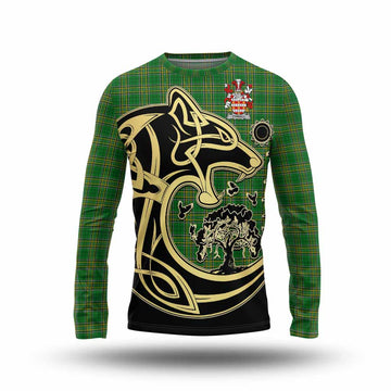 Tyrrell Irish Tartan Long Sleeve T-Shirt with Coat of Arms Celtic Wolf Style Unisex - Tartan Vibes Clothing
