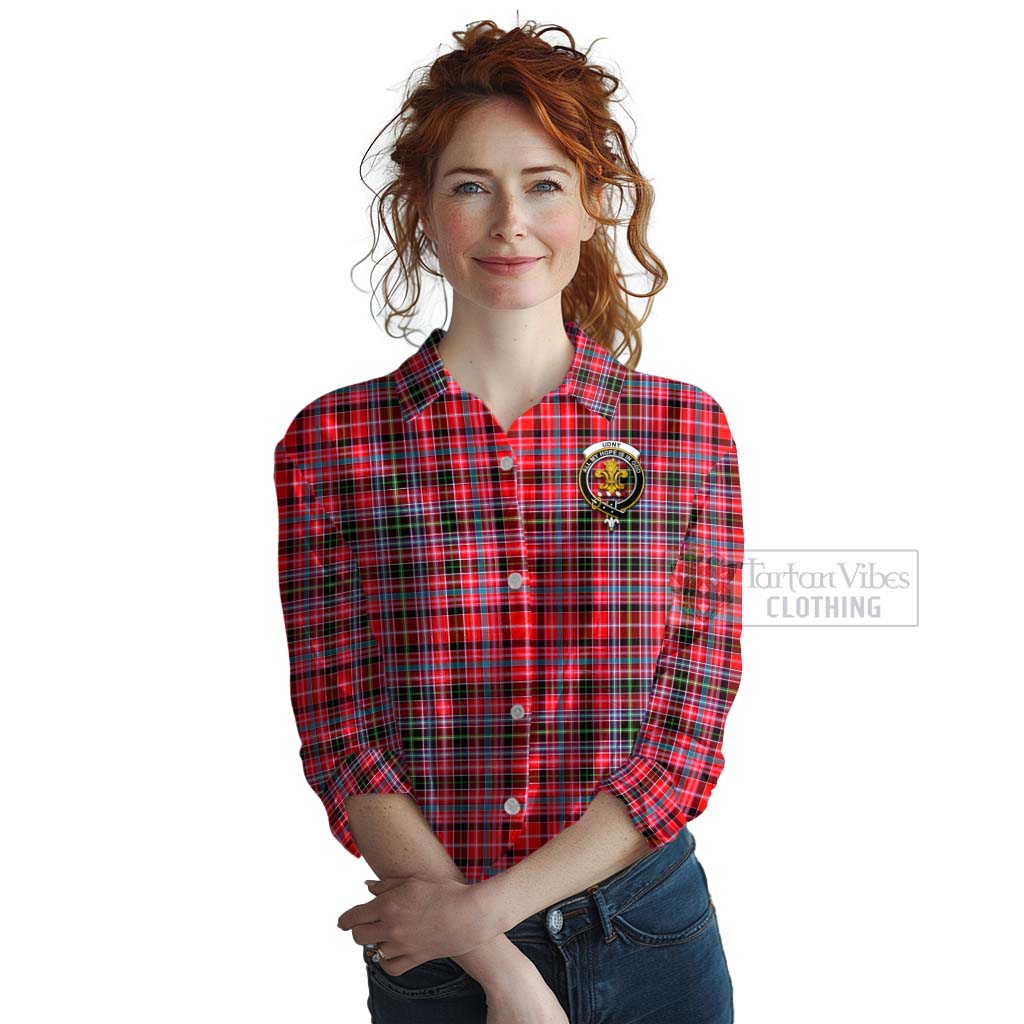 Tartan Vibes Clothing Udny Tartan Women's Casual Shirt with Family Crest and Bearded Skull Holding Bottles of Whiskey