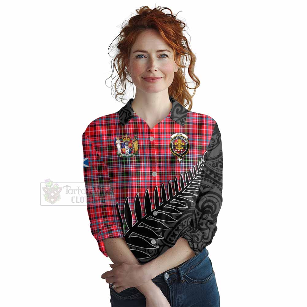 Tartan Vibes Clothing Udny Crest Tartan Women's Casual Shirt with New Zealand Silver Fern Half Style