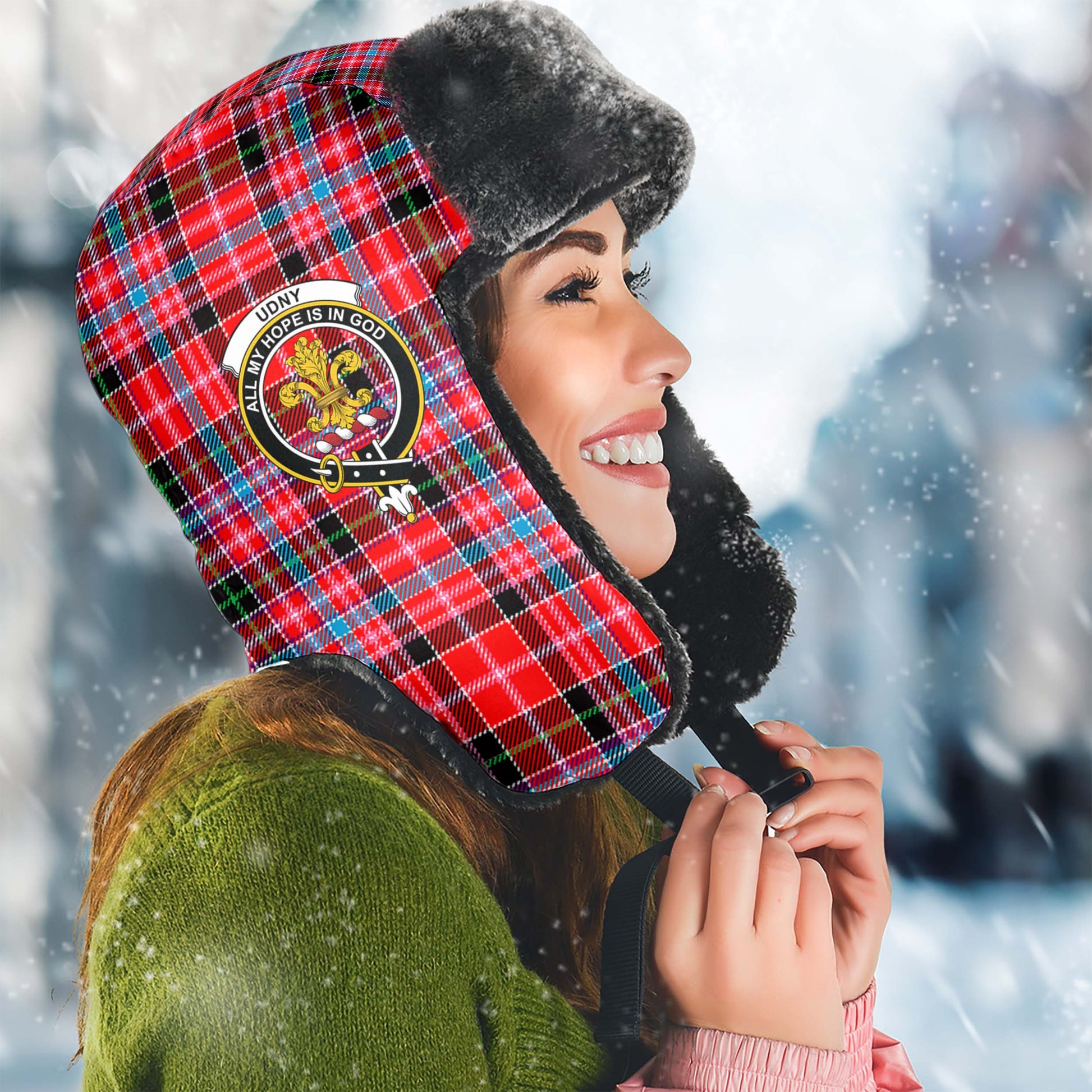 Udny Tartan Winter Trapper Hat with Family Crest Winter Trapper Hat Universal Fit Circumference 22.8in (58cm) - Tartanvibesclothing