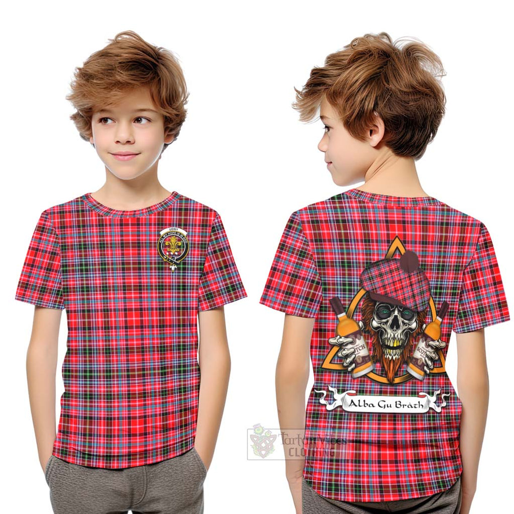 Tartan Vibes Clothing Udny Tartan Kid T-Shirt with Family Crest and Bearded Skull Holding Bottles of Whiskey