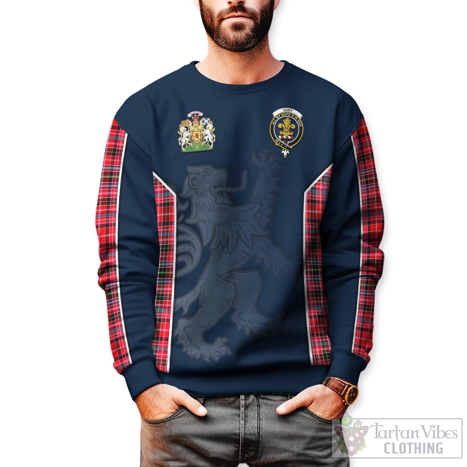 Tartan Vibes Clothing Udny Tartan Sweater with Family Crest and Lion Rampant Vibes Sport Style