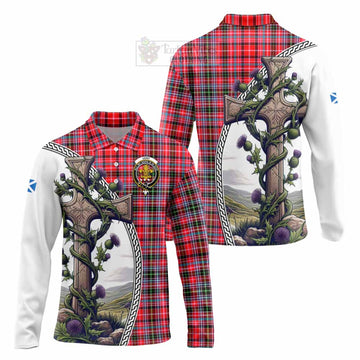Udny Tartan Long Sleeve Polo Shirt with Family Crest and St. Andrew's Cross Accented by Thistle Vines Unisex - Tartan Vibes Clothing