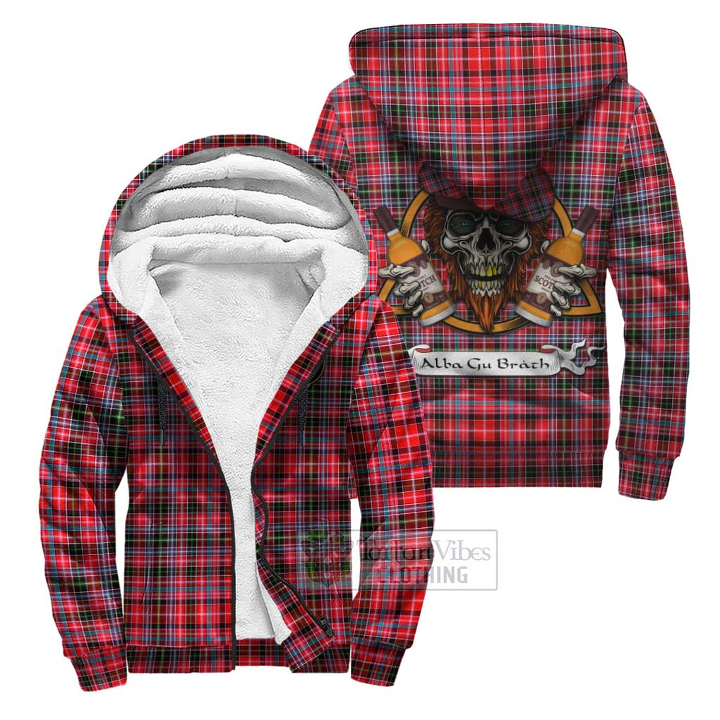 Tartan Vibes Clothing Udny Tartan Sherpa Hoodie with Family Crest and Bearded Skull Holding Bottles of Whiskey