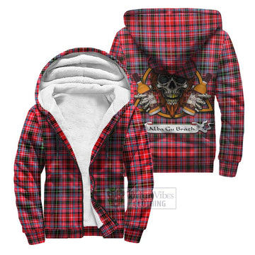 Udny Tartan Sherpa Hoodie with Family Crest and Bearded Skull Holding Bottles of Whiskey