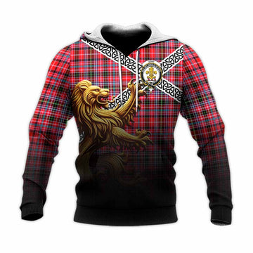 Udny Crest Tartan Knitted Hoodie with Golden Lion Emblem Celtic Style Unisex Knitted Pullover Hoodie - Tartan Vibes Clothing