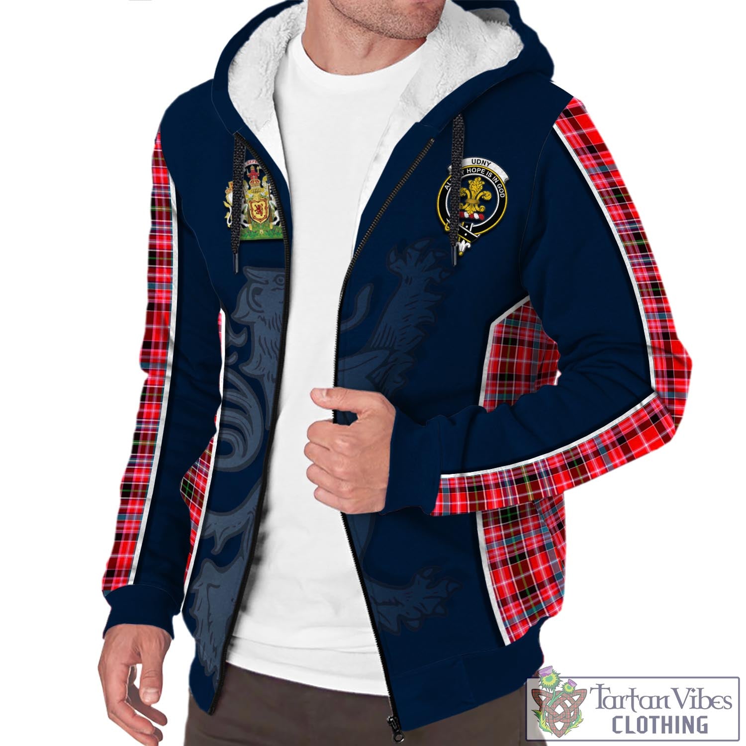 Tartan Vibes Clothing Udny Tartan Sherpa Hoodie with Family Crest and Lion Rampant Vibes Sport Style