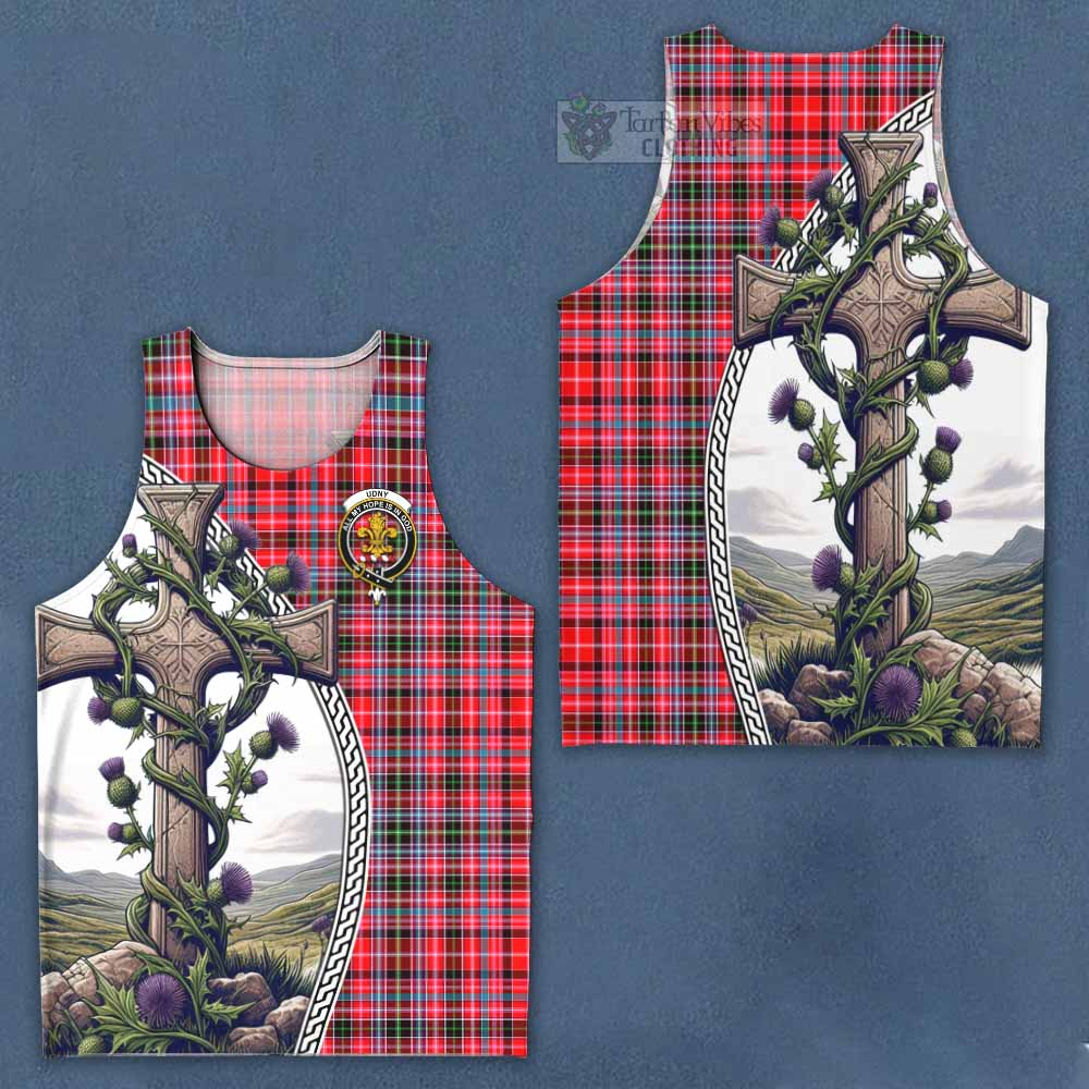 Tartan Vibes Clothing Udny Tartan Men's Tank Top with Family Crest and St. Andrew's Cross Accented by Thistle Vines