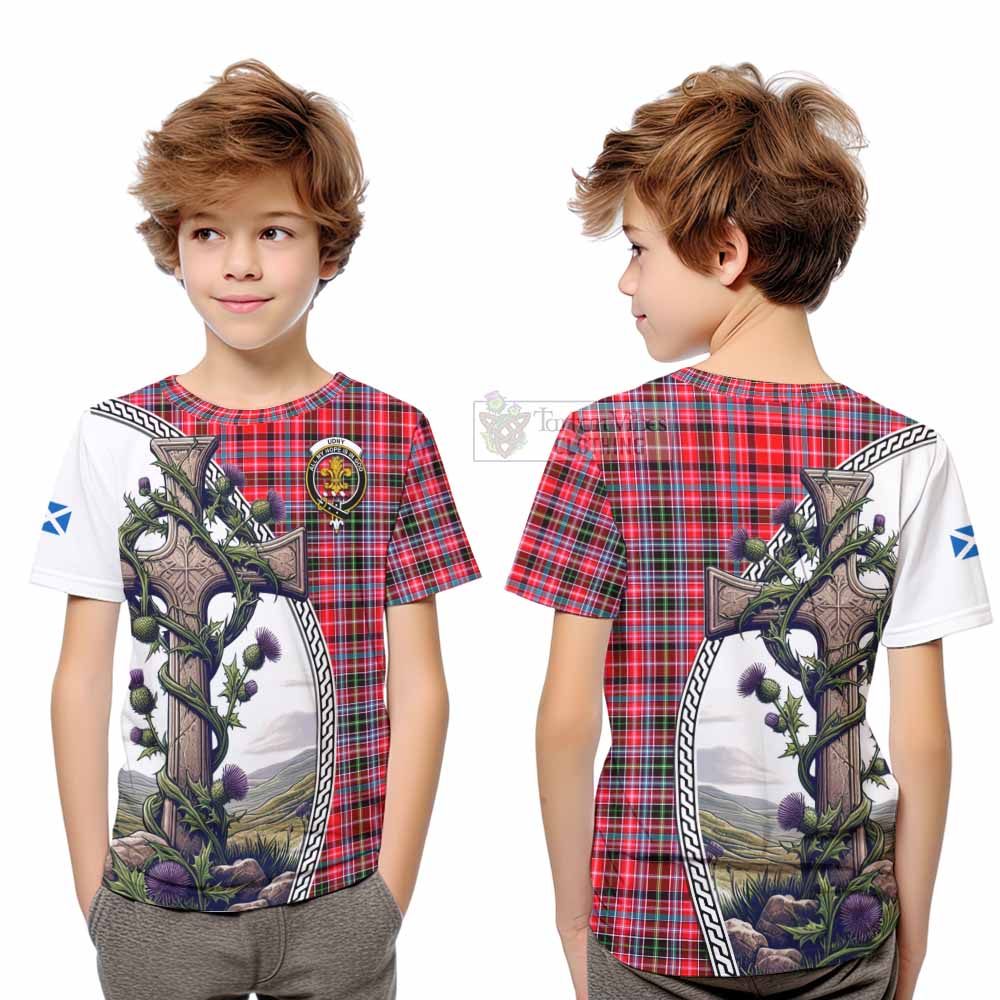 Tartan Vibes Clothing Udny Tartan Kid T-Shirt with Family Crest and St. Andrew's Cross Accented by Thistle Vines