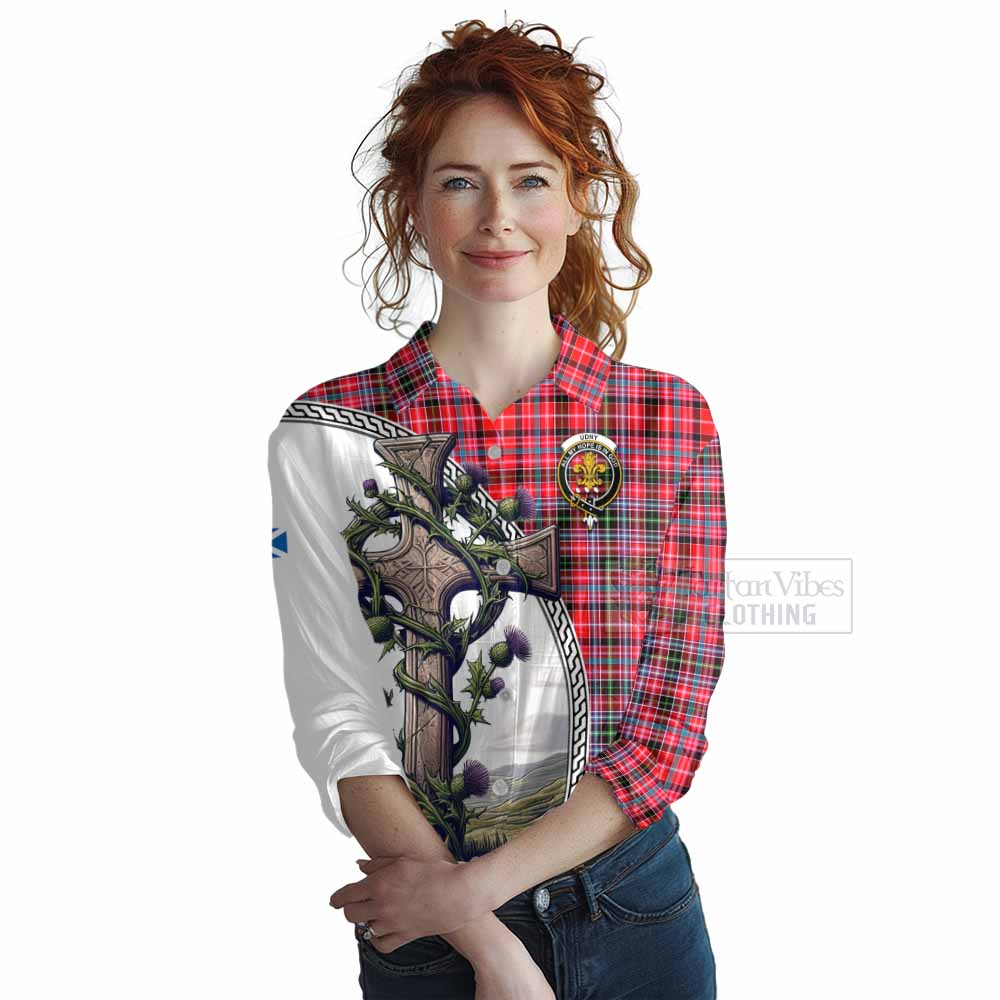 Tartan Vibes Clothing Udny Tartan Women's Casual Shirt with Family Crest and St. Andrew's Cross Accented by Thistle Vines