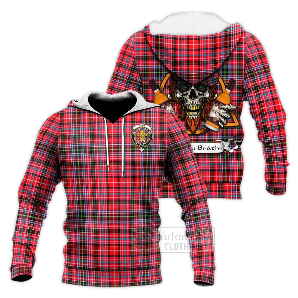 Tartan Vibes Clothing Udny Tartan Knitted Hoodie with Family Crest and Bearded Skull Holding Bottles of Whiskey