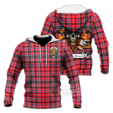 Udny Tartan Knitted Hoodie with Family Crest and Bearded Skull Holding Bottles of Whiskey