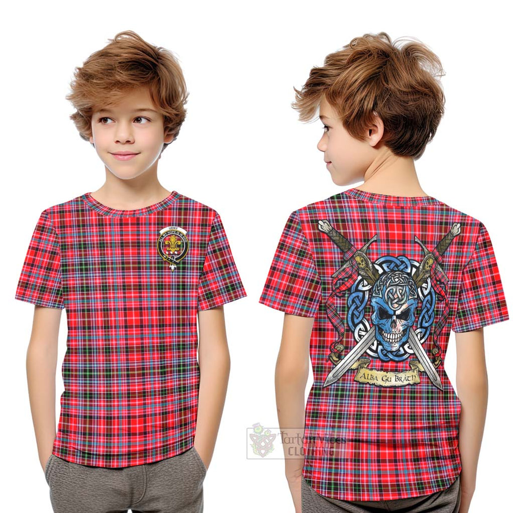 Tartan Vibes Clothing Udny Tartan Kid T-Shirt with Family Crest Celtic Skull Style