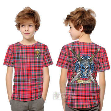 Udny Tartan Kid T-Shirt with Family Crest Celtic Skull Style