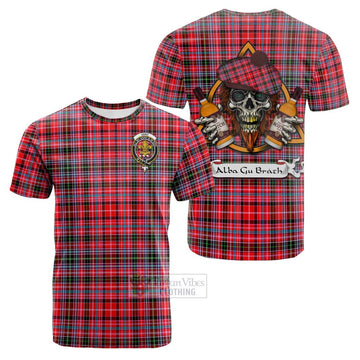 Udny Tartan Cotton T-shirt with Family Crest and Bearded Skull Holding Bottles of Whiskey