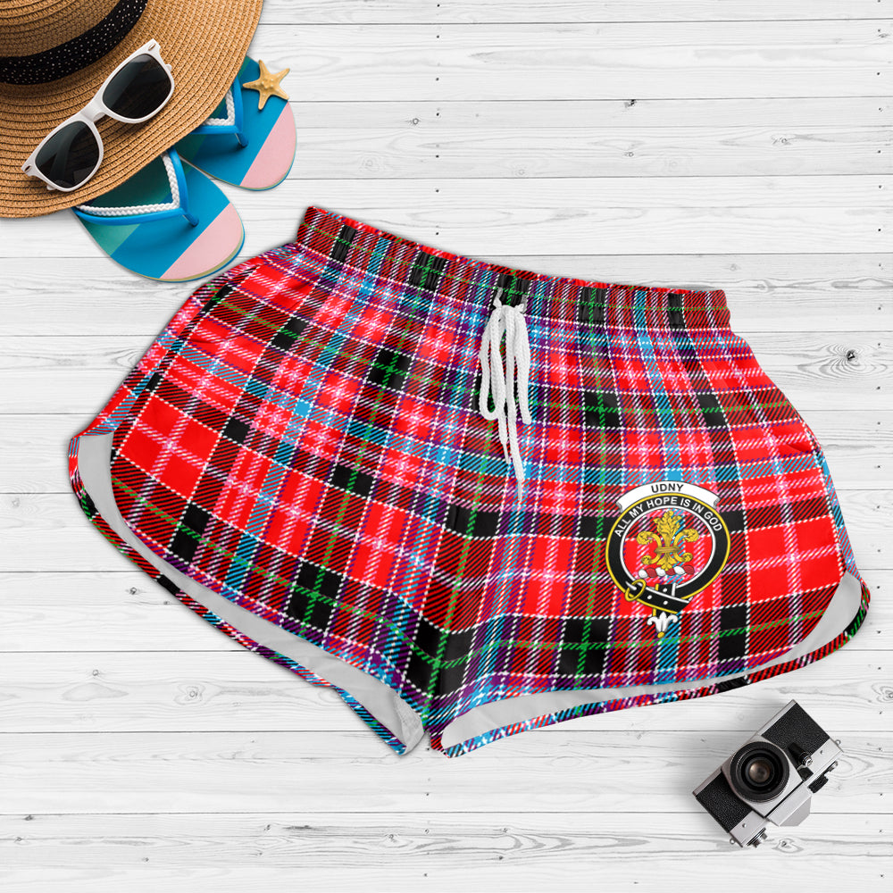 udny-tartan-womens-shorts-with-family-crest