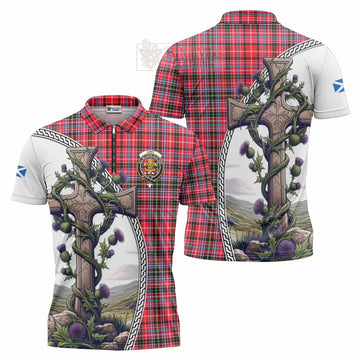 Udny Tartan Zipper Polo Shirt with Family Crest and St. Andrew's Cross Accented by Thistle Vines Unisex - Tartan Vibes Clothing