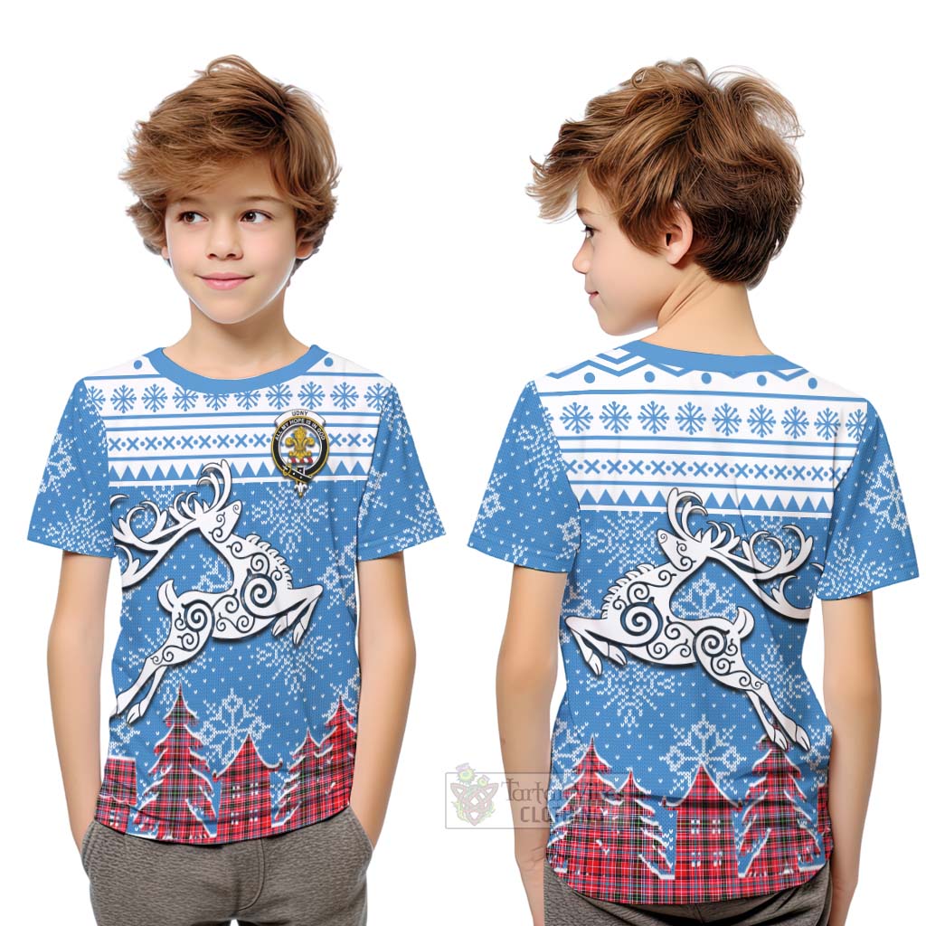 Tartan Vibes Clothing Udny Clan Christmas Kid T-Shirt Celtic Reindeer Style