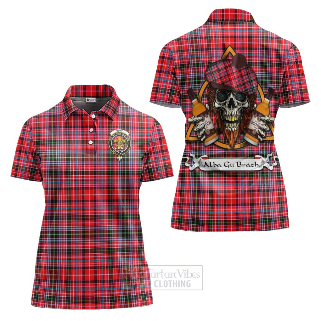 Tartan Vibes Clothing Udny Tartan Women's Polo Shirt with Family Crest and Bearded Skull Holding Bottles of Whiskey