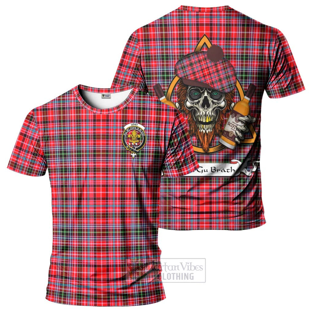 Tartan Vibes Clothing Udny Tartan T-Shirt with Family Crest and Bearded Skull Holding Bottles of Whiskey