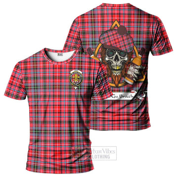 Udny Tartan T-Shirt with Family Crest and Bearded Skull Holding Bottles of Whiskey