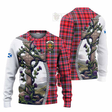 Udny Tartan Knitted Sweater with Family Crest and St. Andrew's Cross Accented by Thistle Vines Unisex - Tartan Vibes Clothing