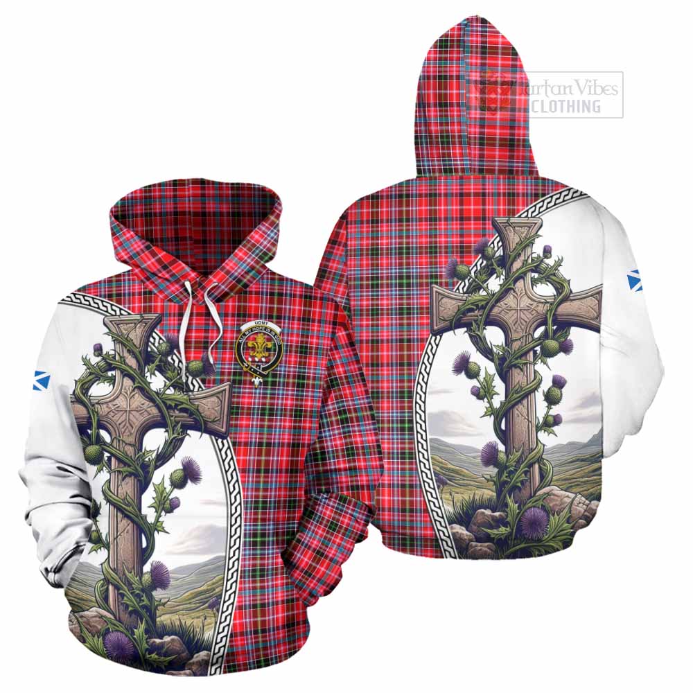 Tartan Vibes Clothing Udny Tartan Hoodie with Family Crest and St. Andrew's Cross Accented by Thistle Vines