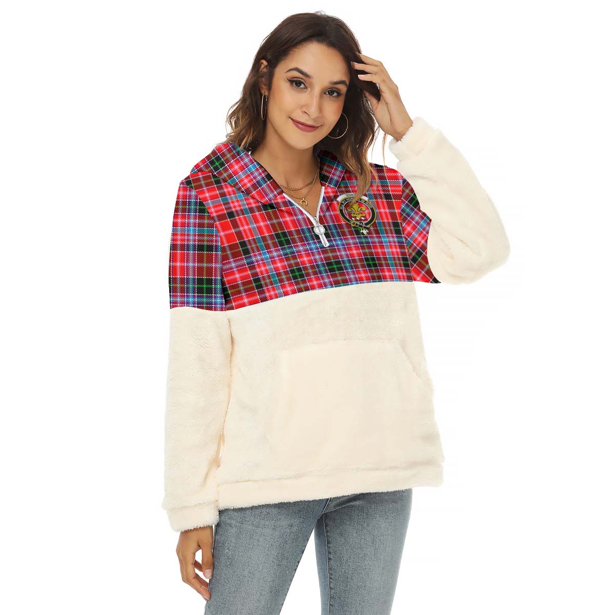 Udny Tartan Women's Borg Fleece Hoodie With Half Zip with Family Crest Female - Tartan Vibes Clothing