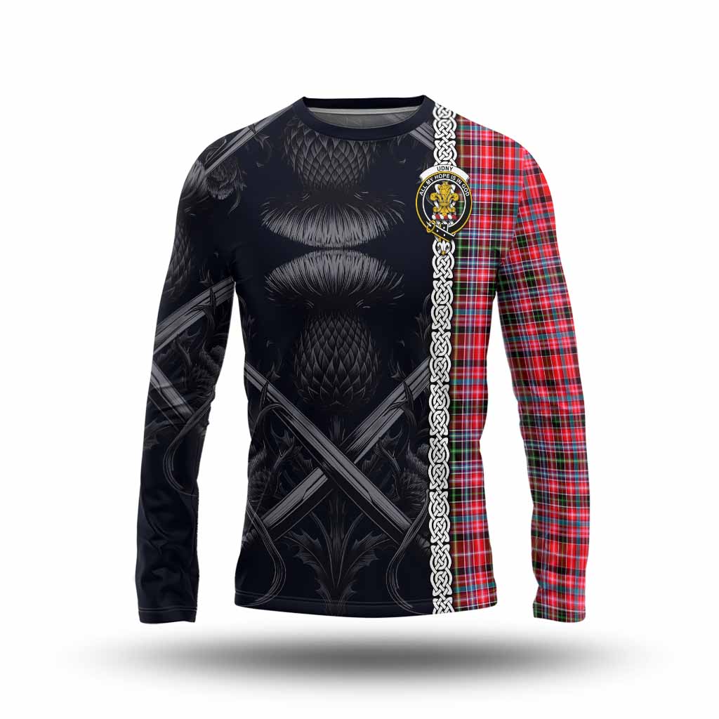 Udny Tartan Long Sleeve T-Shirt with Family Crest Cross Sword Thistle Celtic Vibes Unisex - Tartan Vibes Clothing
