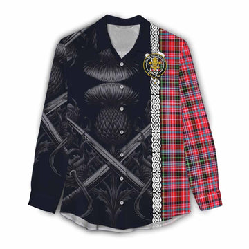 Udny Tartan Women's Casual Shirt with Family Crest Cross Sword Thistle Celtic Vibes Female - Tartan Vibes Clothing