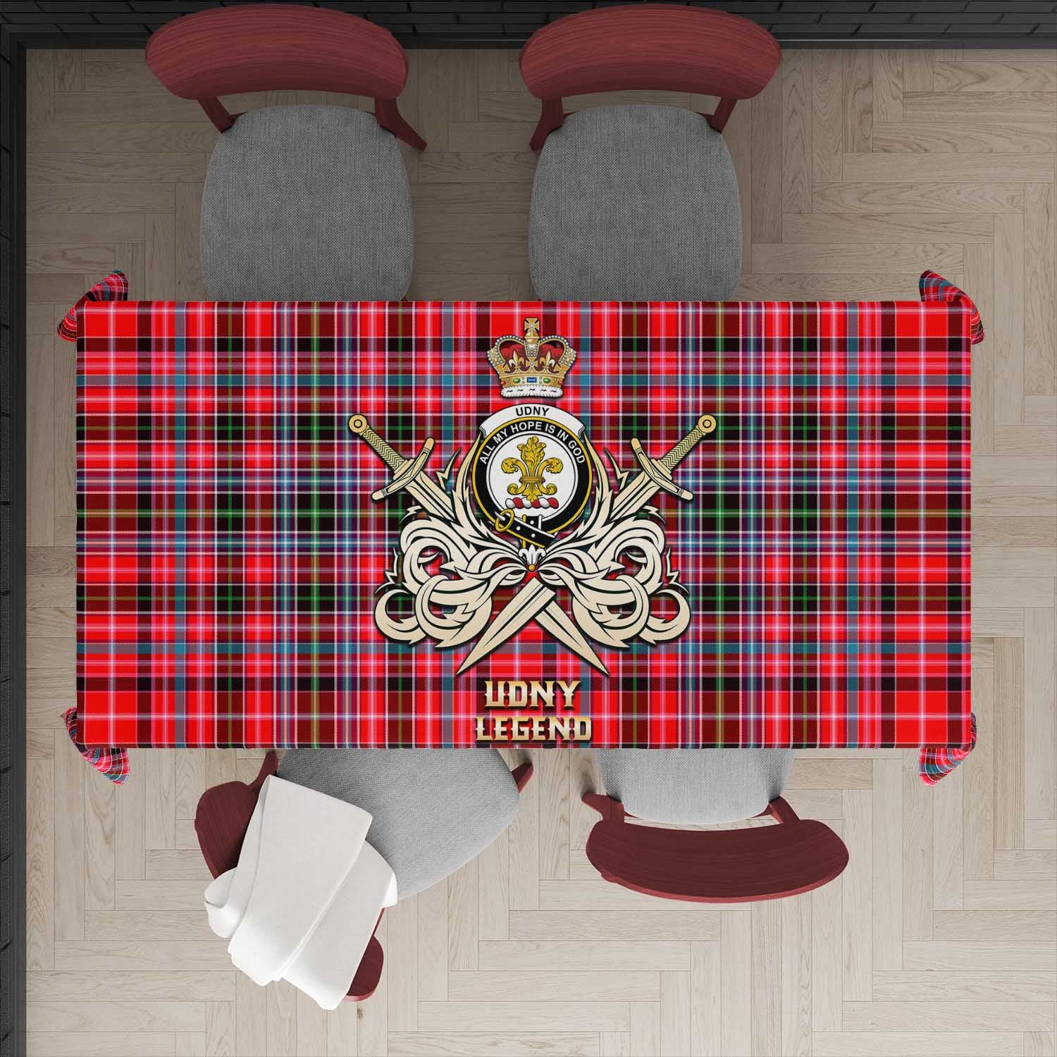 Tartan Vibes Clothing Udny Tartan Tablecloth with Clan Crest and the Golden Sword of Courageous Legacy