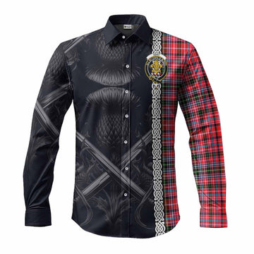 Udny Tartan Long Sleeve Button Shirt with Family Crest Cross Sword Thistle Celtic Vibes Men's Shirt S - Tartan Vibes Clothing