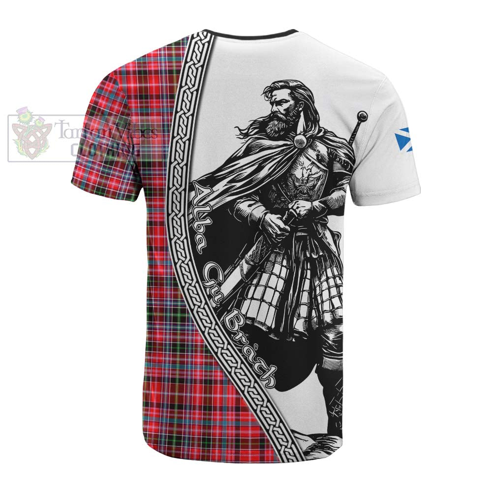 Udny Tartan Clan Crest Cotton T-shirt with Highlander Warrior Celtic Style