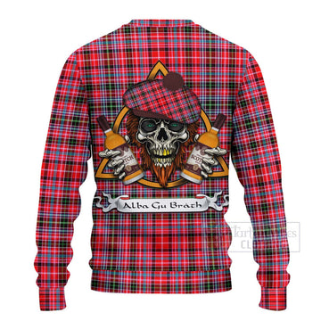 Udny Tartan Ugly Sweater with Family Crest and Bearded Skull Holding Bottles of Whiskey - Tartan Vibes Clothing