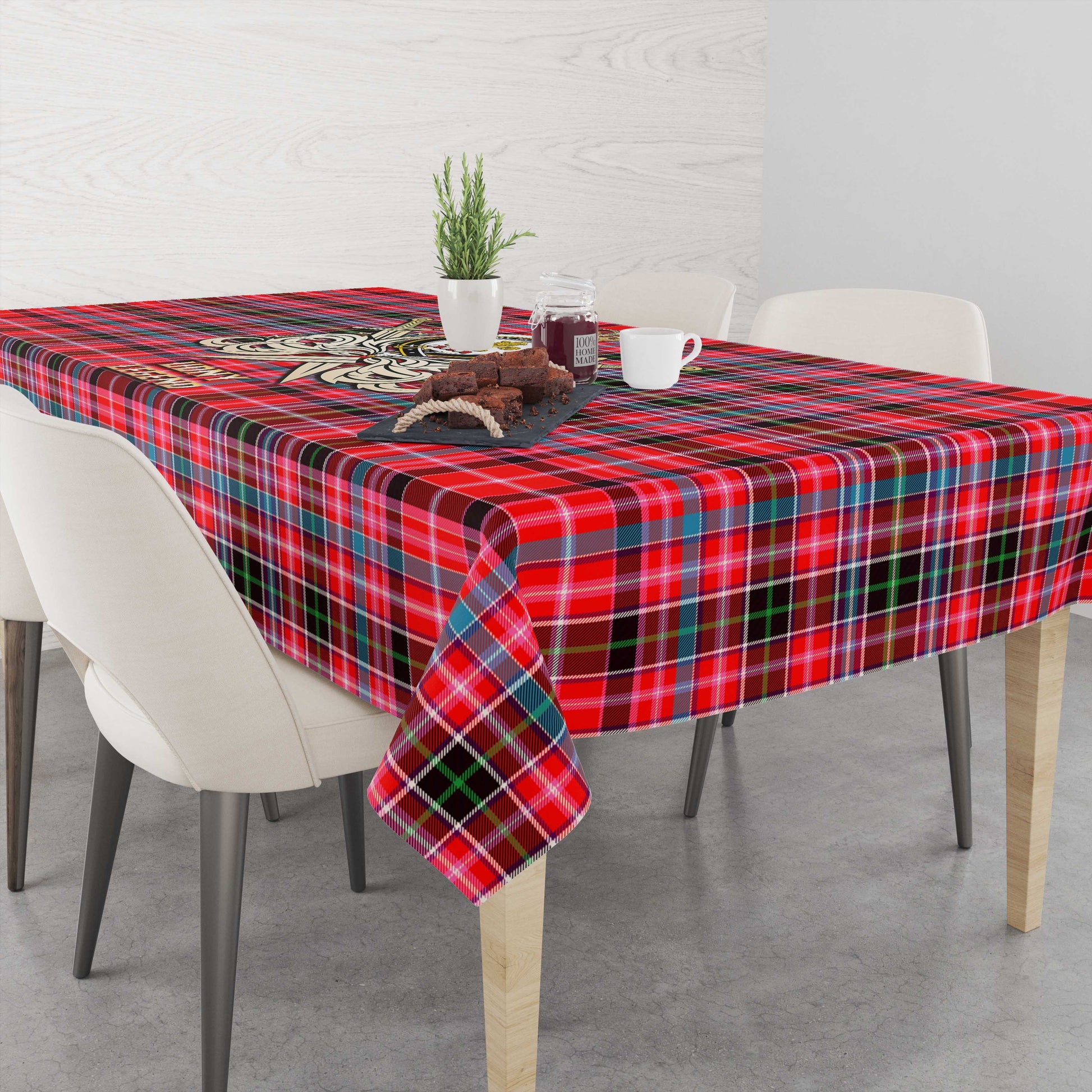 Tartan Vibes Clothing Udny Tartan Tablecloth with Clan Crest and the Golden Sword of Courageous Legacy