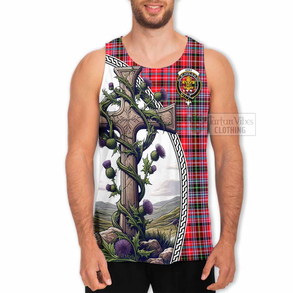 Tartan Vibes Clothing Udny Tartan Men's Tank Top with Family Crest and St. Andrew's Cross Accented by Thistle Vines