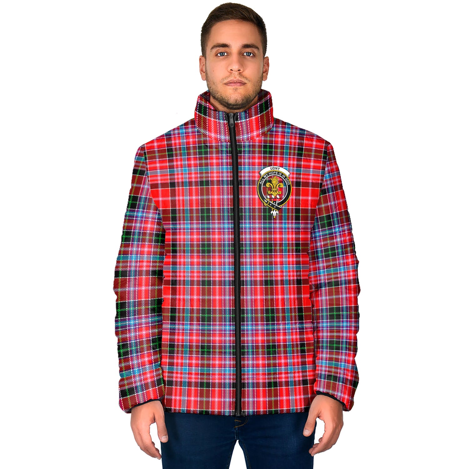 Udny Tartan Padded Jacket with Family Crest - Tartan Vibes Clothing