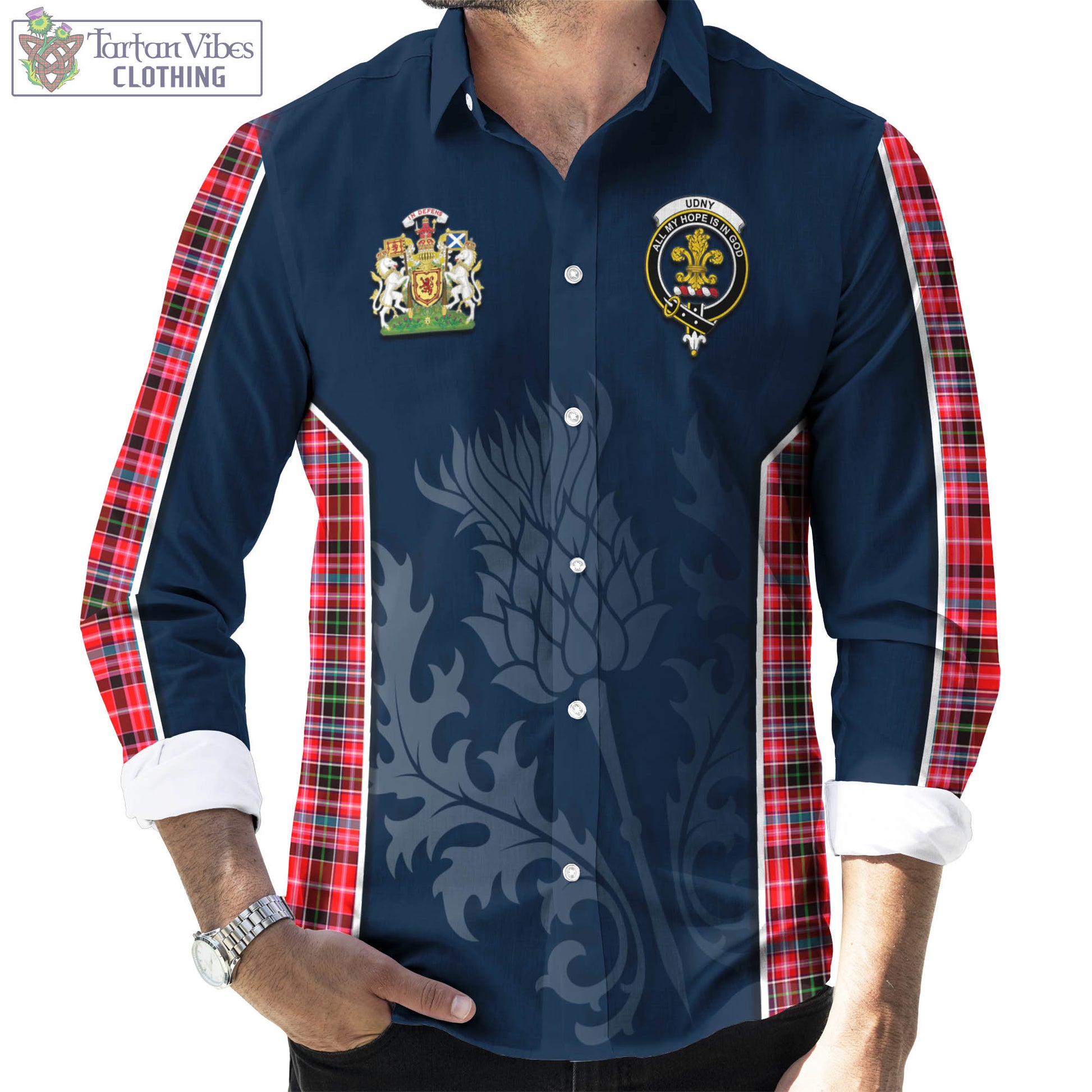 Tartan Vibes Clothing Udny Tartan Long Sleeve Button Up Shirt with Family Crest and Scottish Thistle Vibes Sport Style