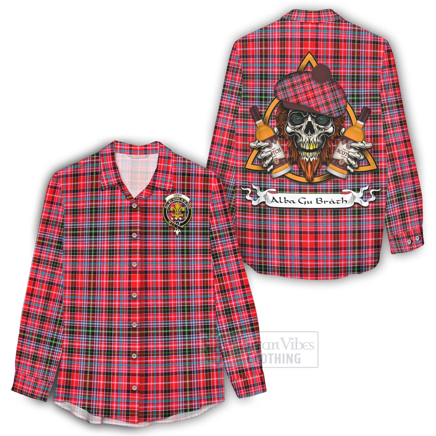 Tartan Vibes Clothing Udny Tartan Women's Casual Shirt with Family Crest and Bearded Skull Holding Bottles of Whiskey