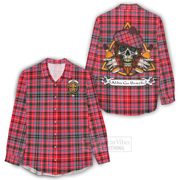 Udny Tartan Women's Casual Shirt with Family Crest and Bearded Skull Holding Bottles of Whiskey