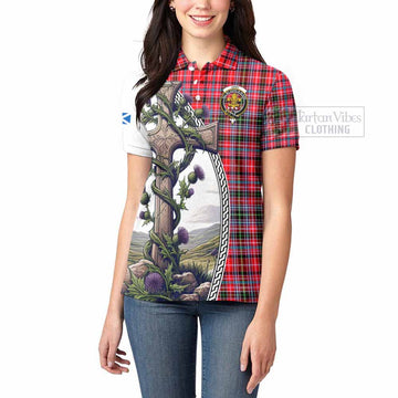 Udny Tartan Women's Polo Shirt with Family Crest and St. Andrew's Cross Accented by Thistle Vines