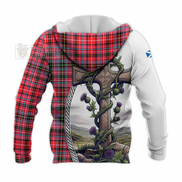 Udny Tartan Knitted Hoodie with Family Crest and St. Andrew's Cross Accented by Thistle Vines